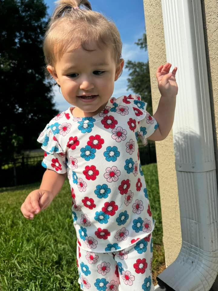 Red White & Blue Floral Short Set