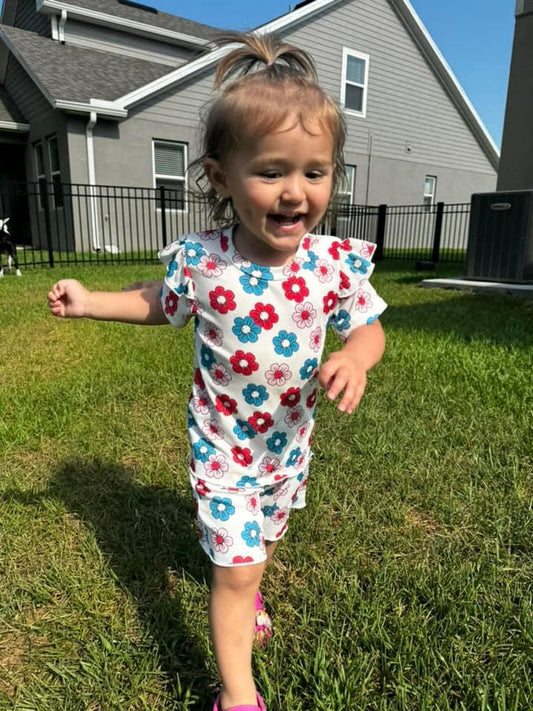 Red White & Blue Floral Short Set