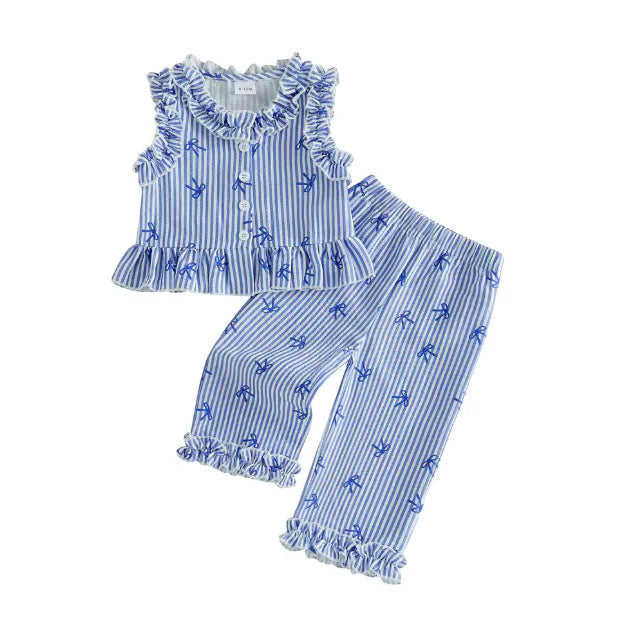 Blue Bow Striped Set
