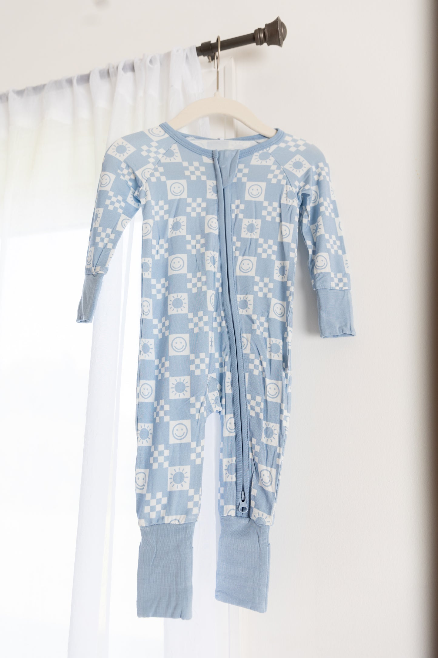 Powder Blue Checks Convertible Romper Pajamas