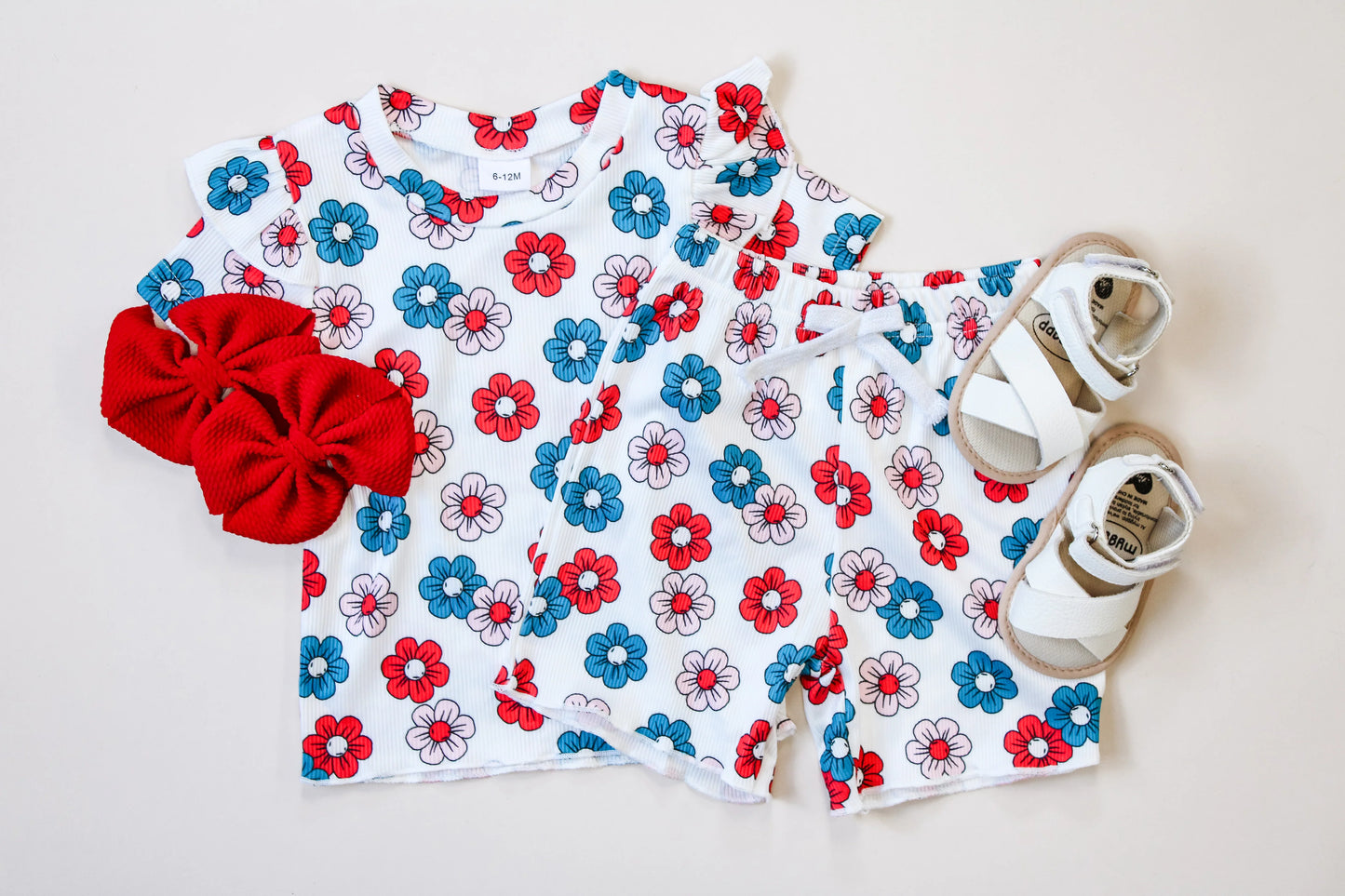 Red White & Blue Floral Short Set