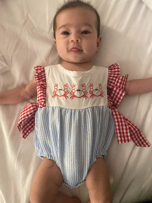 Blue Crab Embroidery Romper
